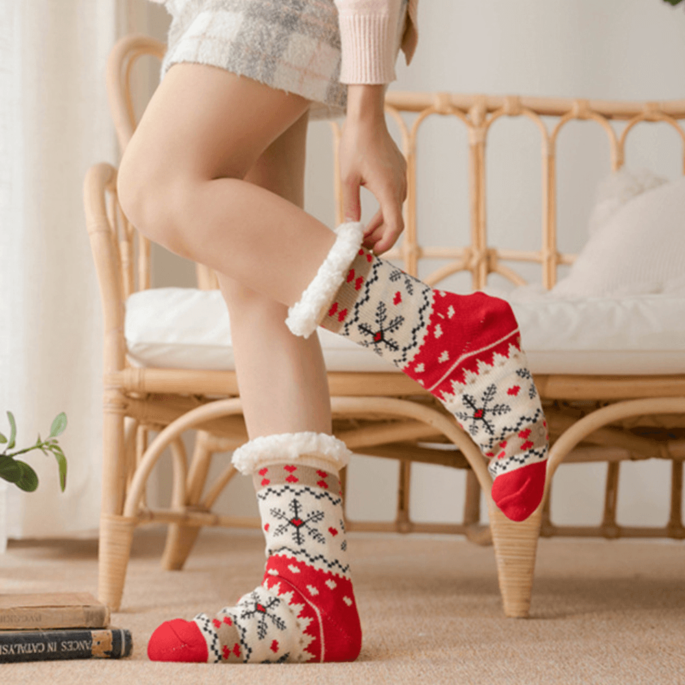 Women Warm Winter Outdoor Christmas Style Snowflake Pattern plus Velvet Thicken Home Sleep Socks Tube Socks - MRSLM