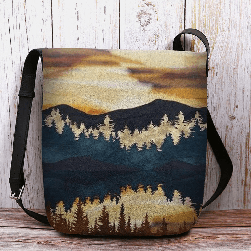 Women Felt Mountain Treetop Print Pattern Casual Outdoor Shoulder Bag Crossbody Bag - MRSLM