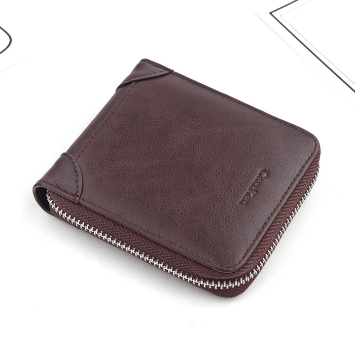 Men Faux Leather Tri-Fold Retro Zipper Multi-Card Slots Wall - MRSLM