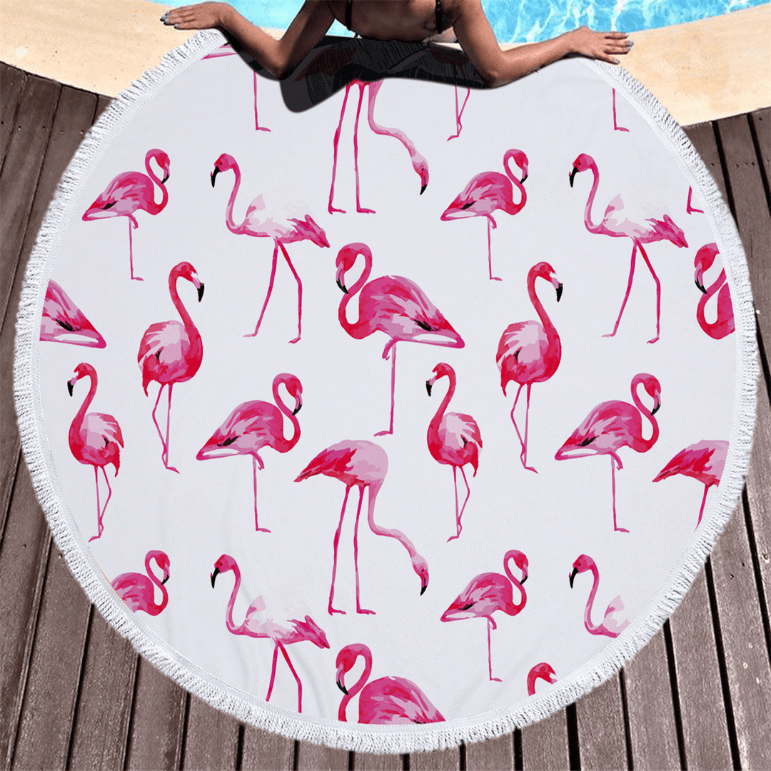 Fashion Flamingo 450G round Beach Towel with Tassels Microfiber 150Cm Picnic Blanket Beach Cover Up - MRSLM