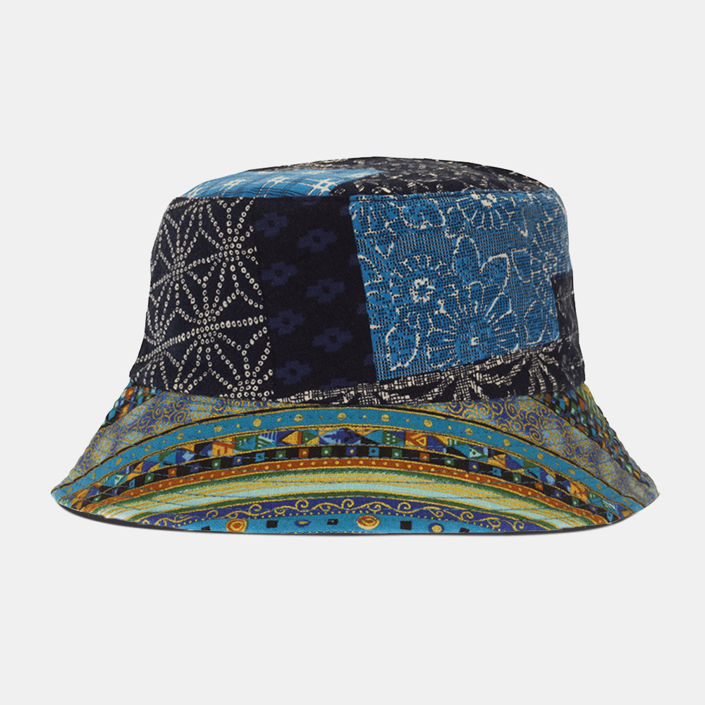 Women Ethnic Cashew Flower Print Sun Hat Cotton Double-Sided-Wear Patchwork Casual Sunshade Bucket Hat - MRSLM