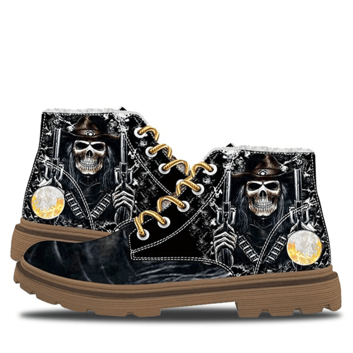 Men Leather Halloween Funny Skull Printing Non Slip Comfy Casual Martin Ankle Boots - MRSLM