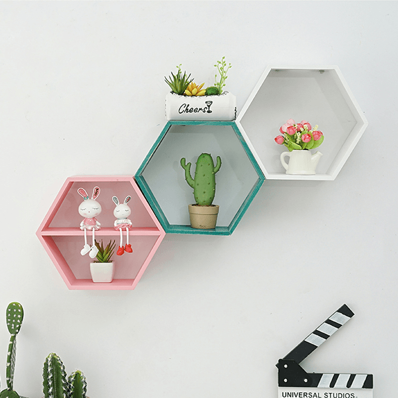 Hexagon Wall Mounted Shelf Rack Decorative Frame Wall Punch-Free Bookshelf Decorations Display Stand Organizer for Office Home Living Room Bathroom - MRSLM