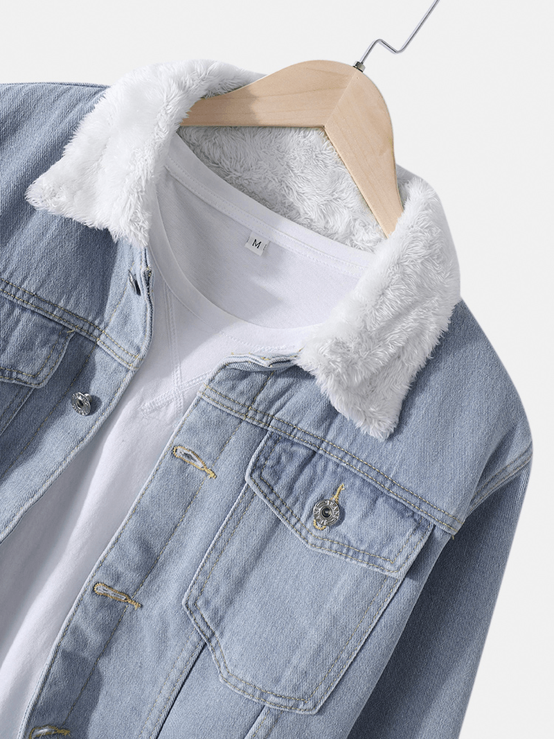 Mens Plush Lined Cotton Lapel Warm Outdoor Stylish Denim Jacket with Pocket - MRSLM