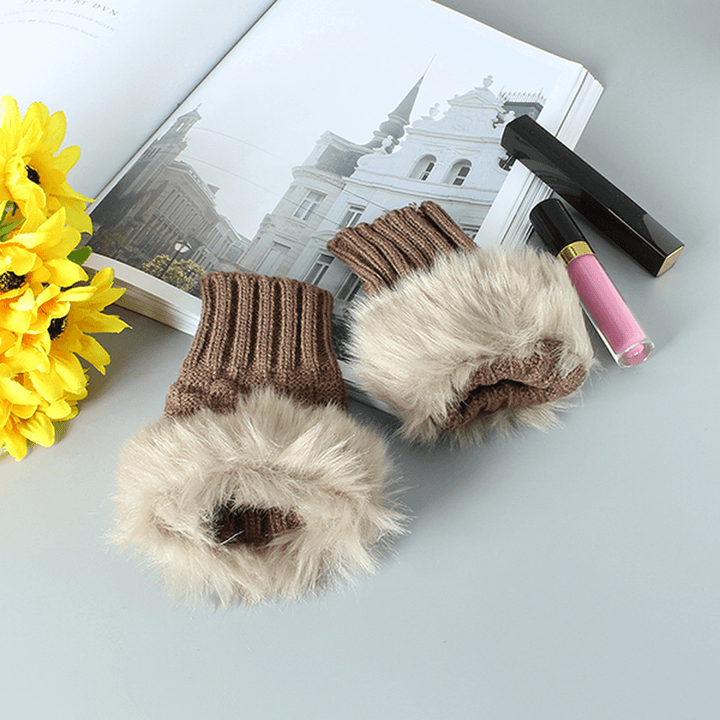 Women Winter Warm Knitted Thicken Fingerless Gloves Artificial Rabbit Hair Half Finger Sleeve - MRSLM