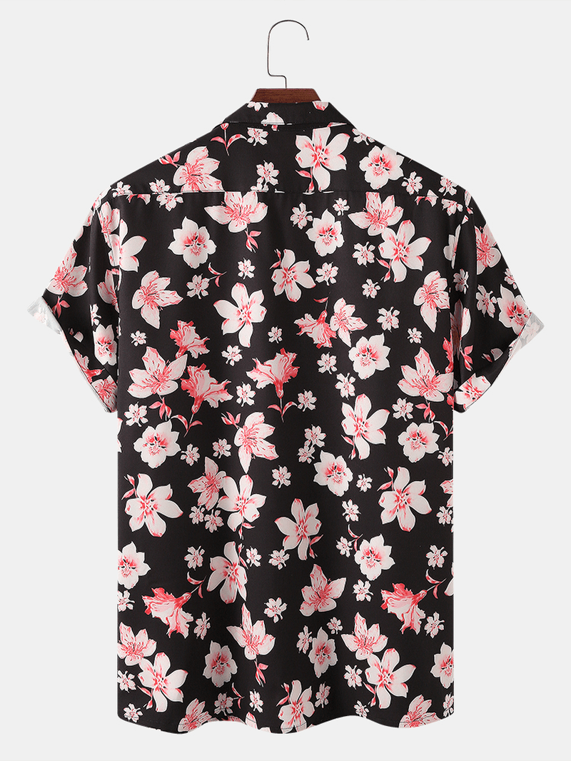 Mens Peach Blossom Floral Print Short Sleeve Holiday Breathable Shirts - MRSLM