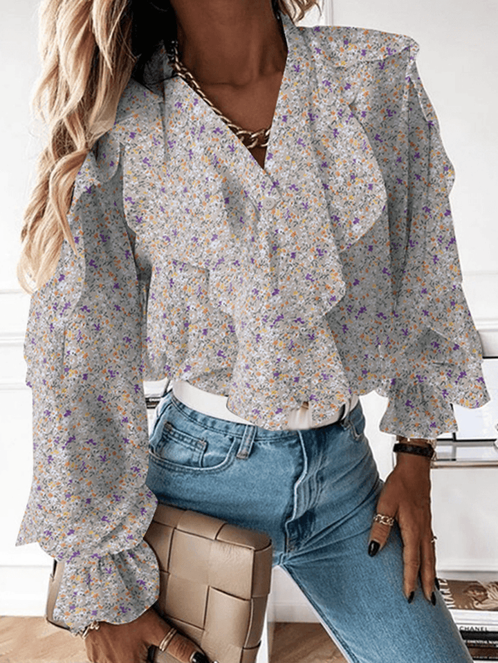 Ditsy Floral Print V-Neck Casual Flounce Sleeve Button Casual Blouses for Women - MRSLM