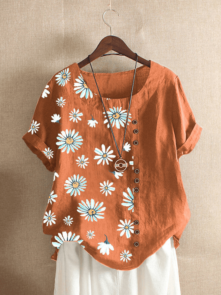 Summer Small Daisies Print Vintage Style Short Sleeve Casual T-Shirts - MRSLM