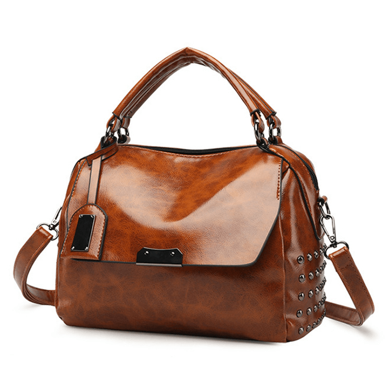 Women PU Solid Color Fashion Oil Wax Rivets Boston Handbag Shoulder Bag - MRSLM