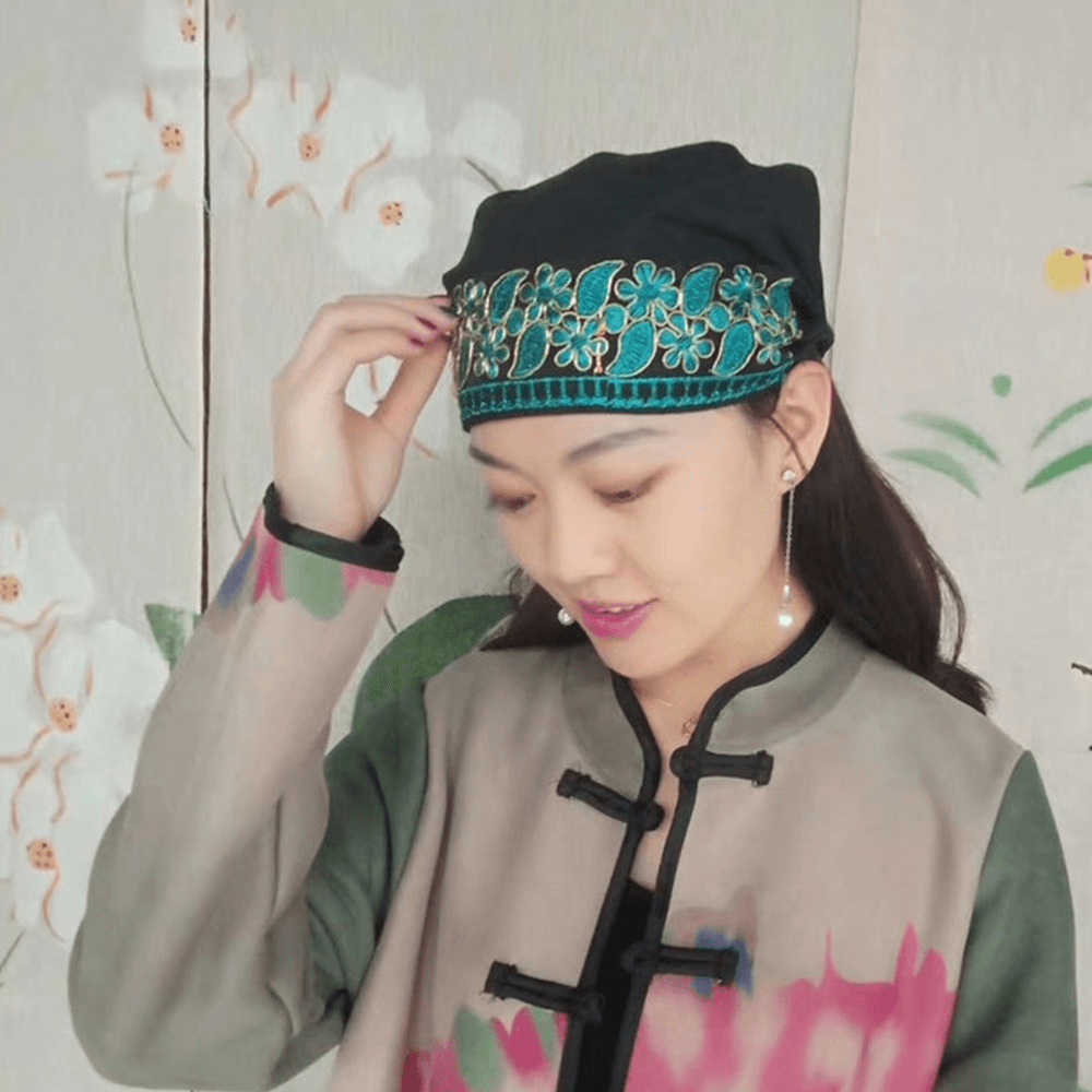 Women Canvas Ethnic Embroidery Flower Printing Vintage Beanie Hat Turban Caps - MRSLM