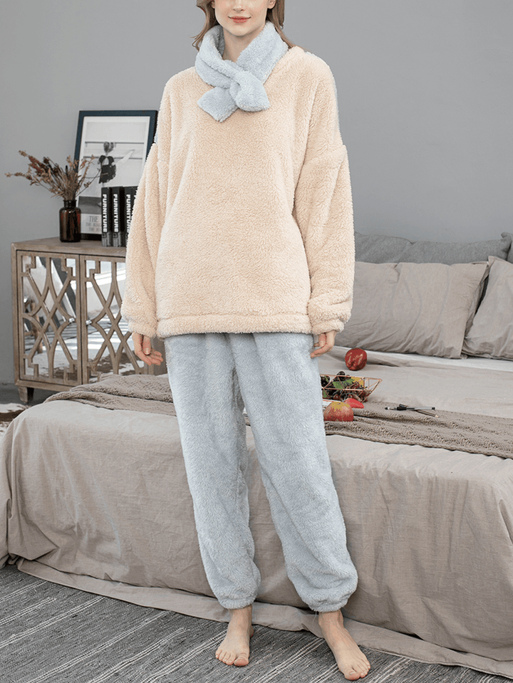 Women Contrast Double Plush Warm Crew Neck Elastic Cuff Comfy Pajamas Set with Scarf - MRSLM