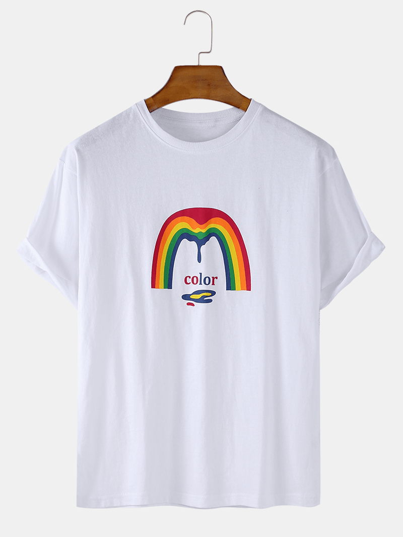 Mens Rainbow Graphic Print Cotton round Neck Casual Short Sleeve T-Shirt - MRSLM