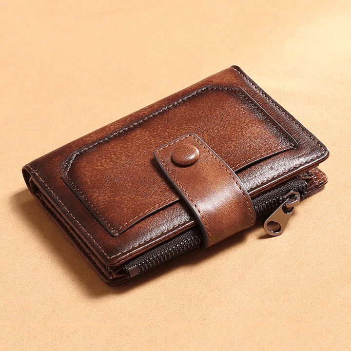 Men Genuine Leather Multifunction Large Capacity Retro Cowhide Card Holder Money Clip Coin Purse Wallet - MRSLM