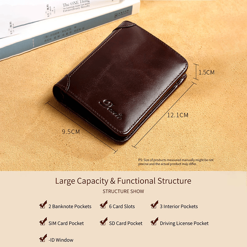 Men Genuine Leather Retro Bifold Thick RFID Anti-Theft Card Holder Coin Purse Money Clip Cowhide Wallet - MRSLM