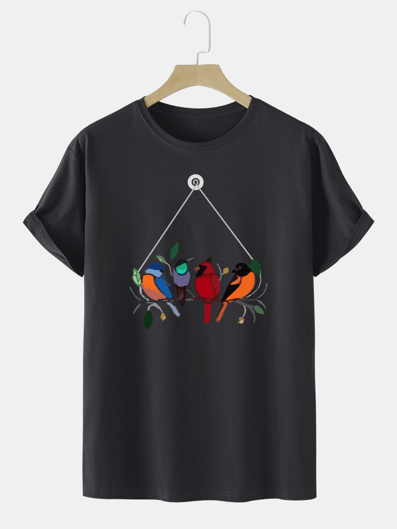 Mens 100% Cotton Colorful Bird Print round Neck T-Shirt - MRSLM