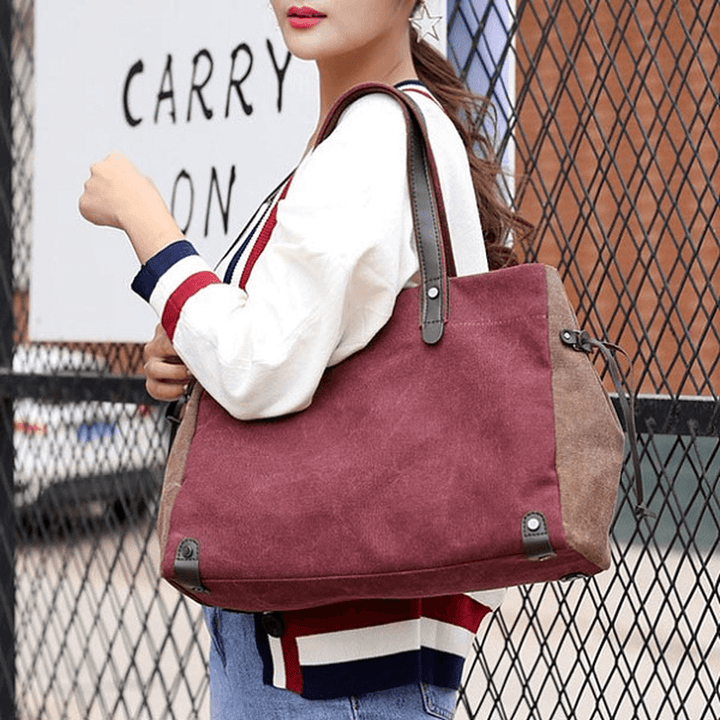 Women Quality Canvas Casual Large Capacity Color Block Tote Bag Handbag - MRSLM