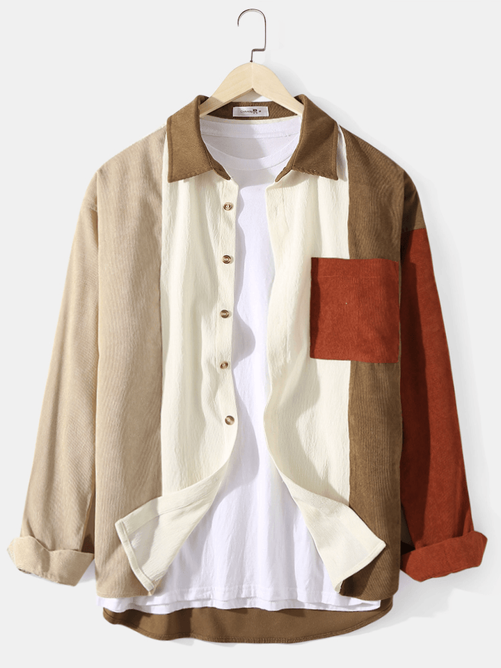 Mens Corduroy Color Block Patchwork Lapel Long Sleeve Shirts - MRSLM