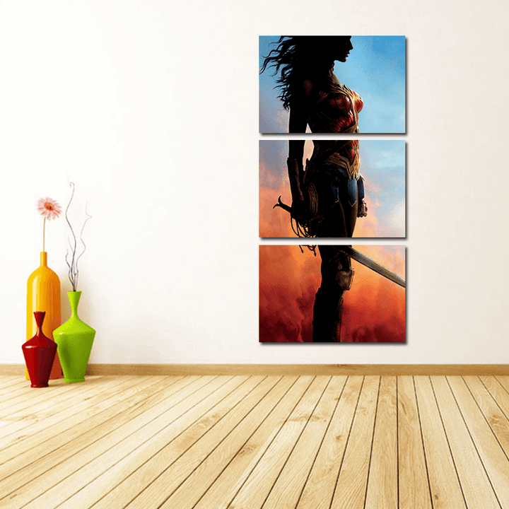 Miico Hand Painted Three Combination Decorative Paintings Wonder Woman Wall Art for Home Decoration - MRSLM