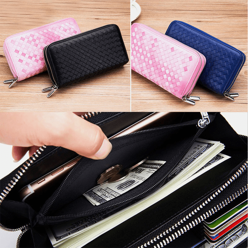 Men Women Large-Capacity Long Wallet RFID Lambskin Genuine Leather Double Zipper Woven Wallet - MRSLM