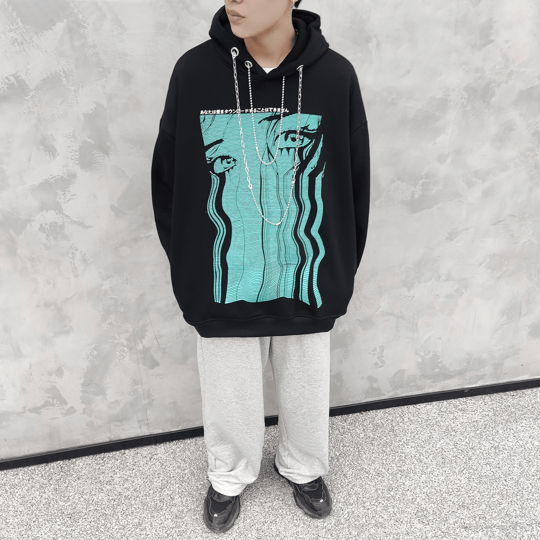 Retro Teary Geometric Print Hip Hop plus Fleece Hooded Sweatshirt - MRSLM