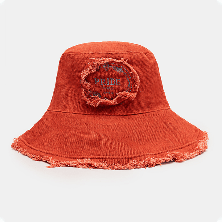 Unisex Washed Cotton Letter Pattern Embroidery Patch Rough Edges All-Match Sunscreen Bucket Hat - MRSLM