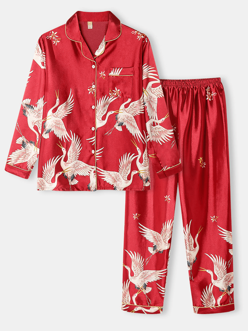 Plus Size Women Crane Pattern Revere Collar Ice Silk Home Casual Pajama Sets - MRSLM