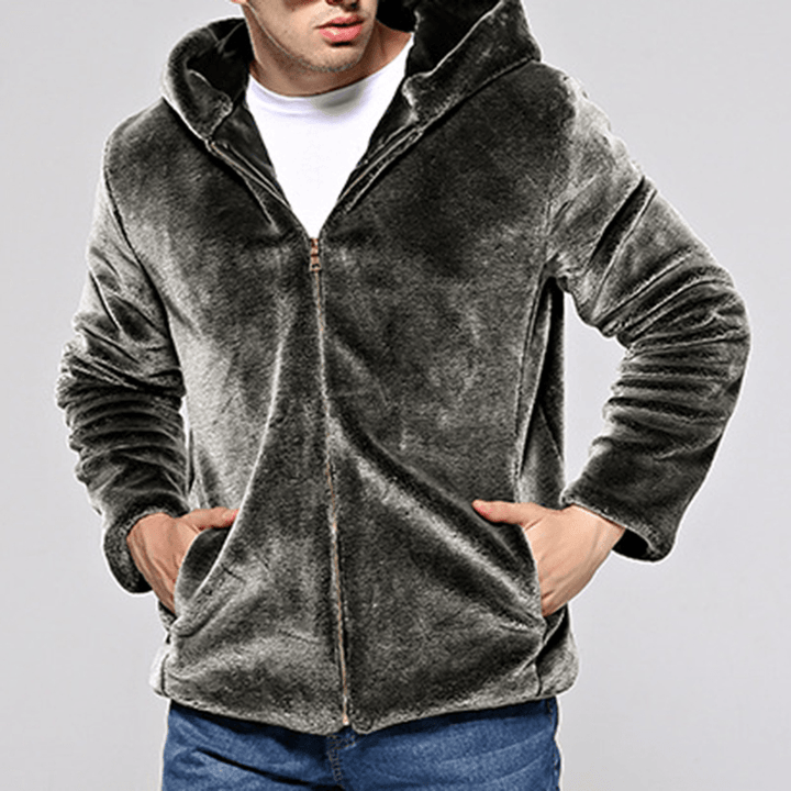 Mens Winter Warm Hooded Zipper Faux Fur Coat Jacket - MRSLM