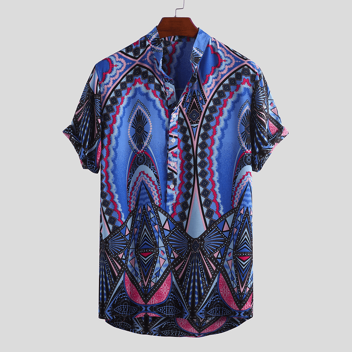 Mens Summer Stand Collar Ethnic Printed Casual Henley Shirts - MRSLM