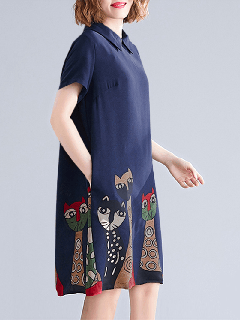 Short Sleeve Lapel Loose Back Button Animal Printed Dress for Women - MRSLM