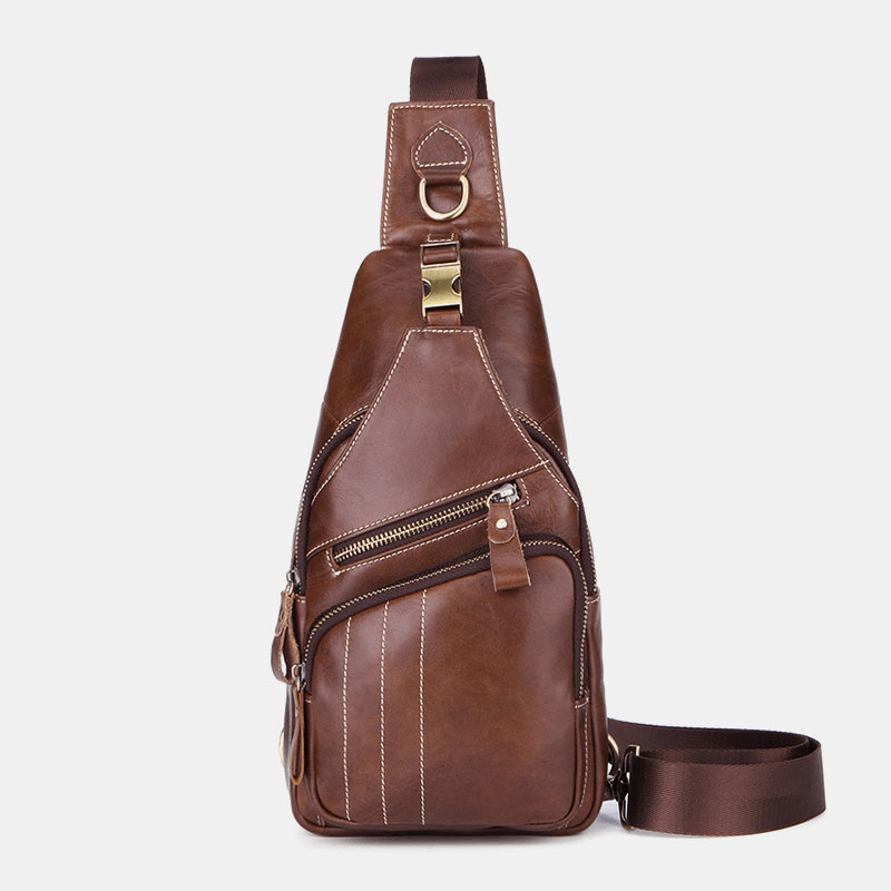 Men Genuine Leather Retro Business Casual Solid Color Leather Shoulder Bag Crossbody Bag Chest Bag - MRSLM