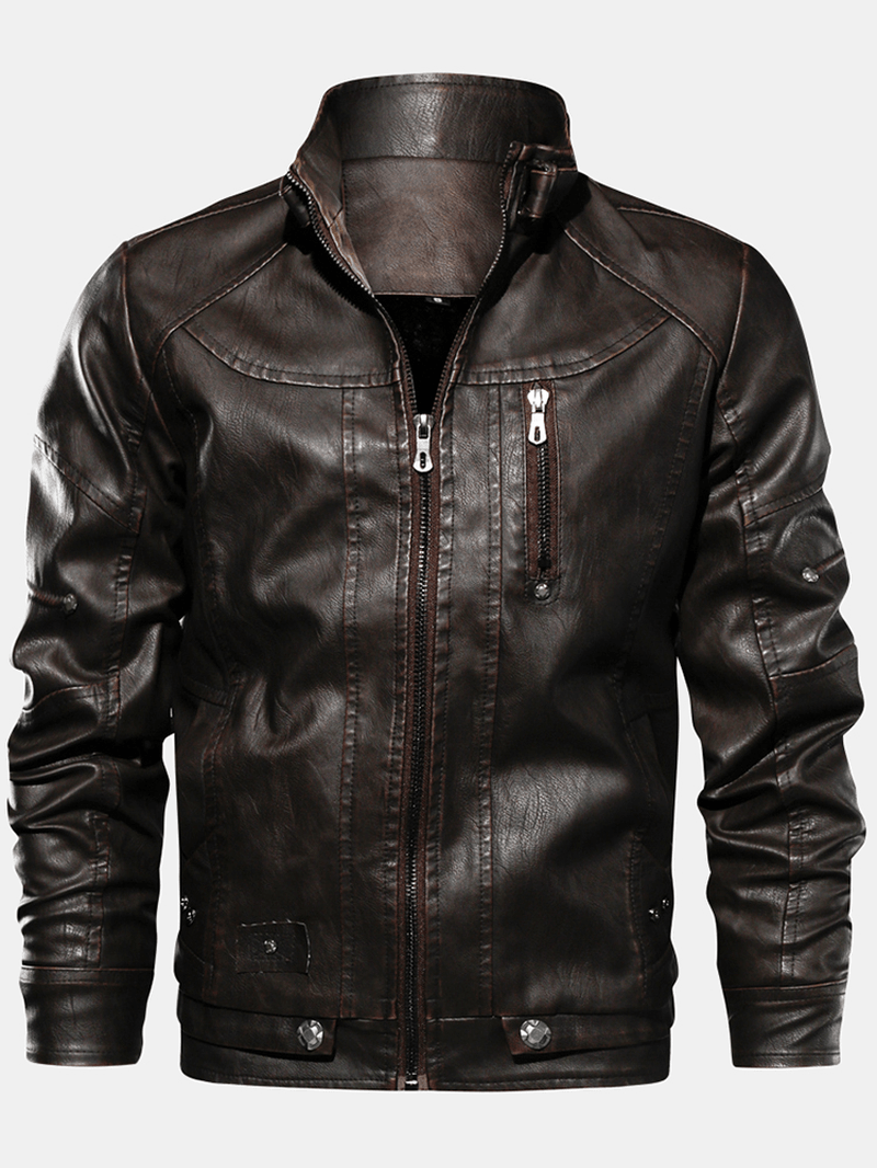 Mens Zipper Pocket Stand Collar PU Leather Motorcycle Jacket - MRSLM