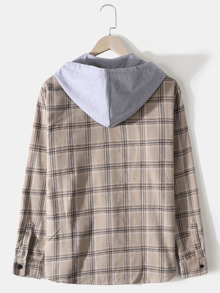 Mens Plaid Patchwork Casual Long Sleeve Drawstring Hooded Shirts with Pocket - MRSLM