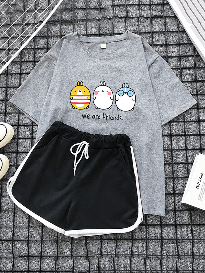 Women Cartoon Print Cute Pajamas Short Set Two Piece Sleepwear with Sports Shorts - MRSLM