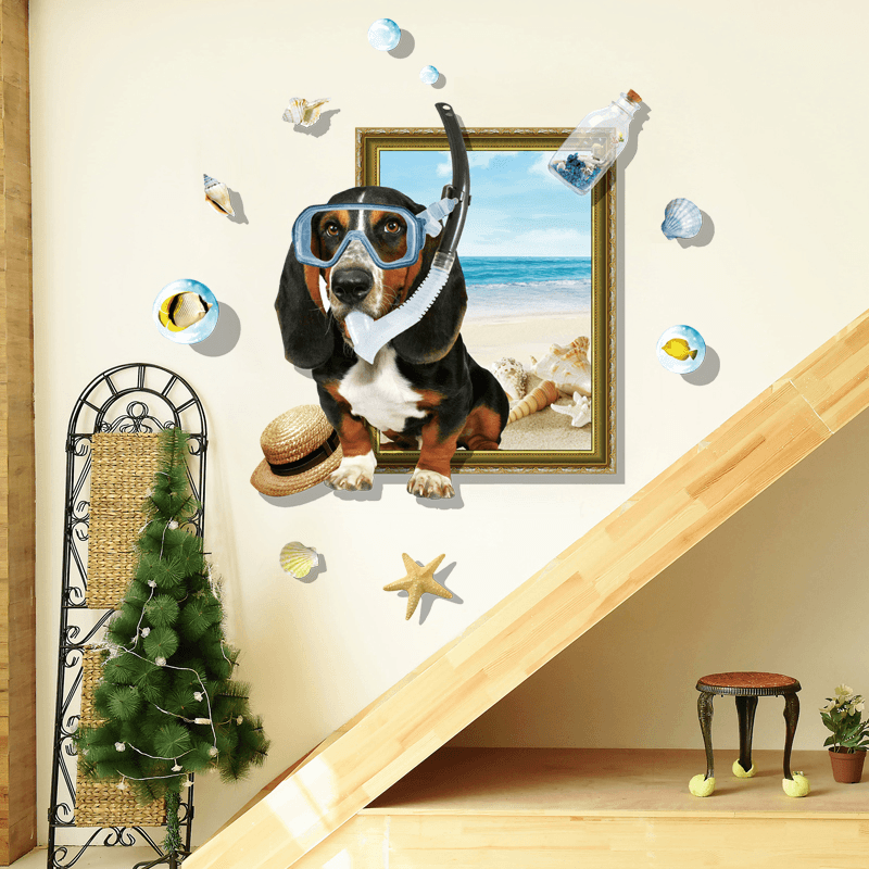 Miico Creative 3D Cartoon Summer Diving Dog Frame PVC Removable Home Room Decorative Wall Floor Decor Sticker - MRSLM