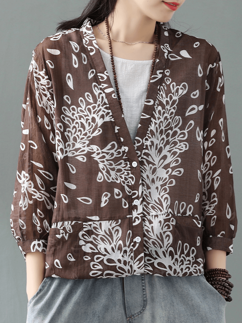 Long Sleeve Print Bandage Vintage Kimono Blouse for Women - MRSLM