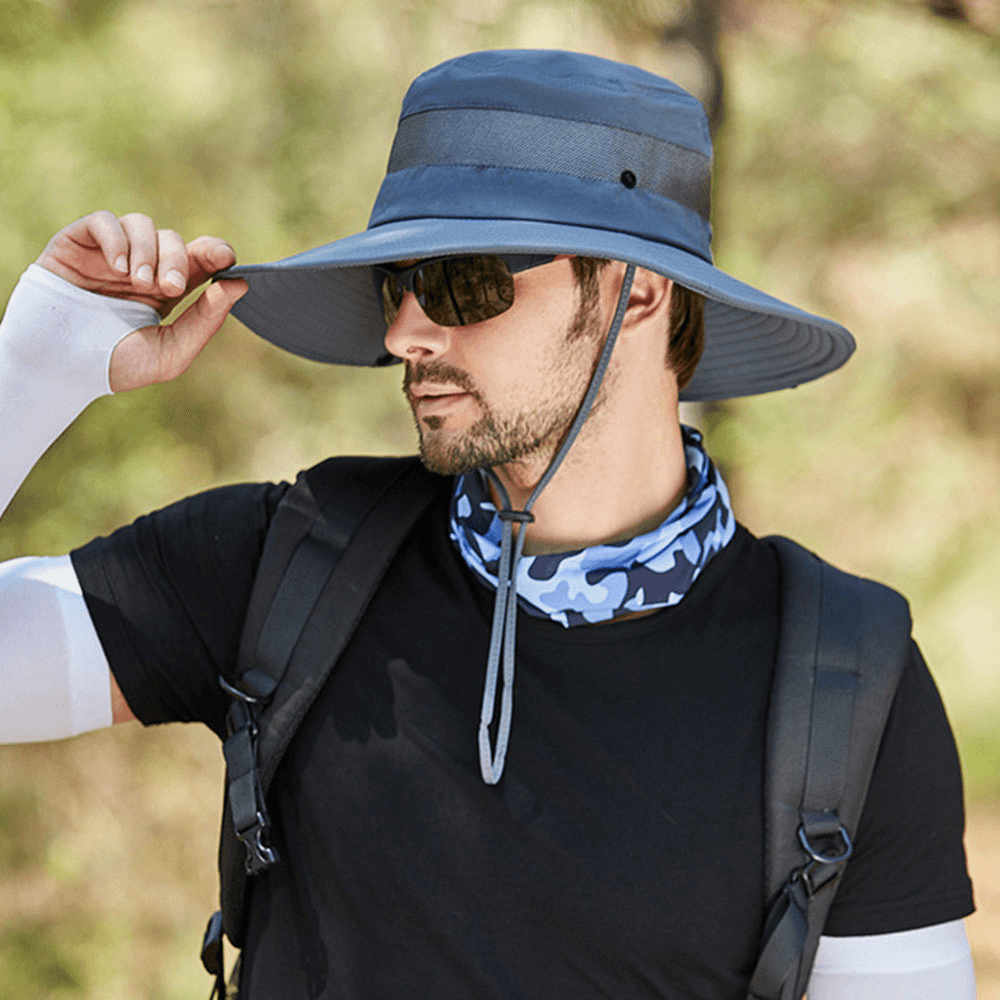 Men Breathable Mesh Big Brim Outdoor Fishing Climbing UV Protection Sunshade Waterproof Bucket Hat - MRSLM