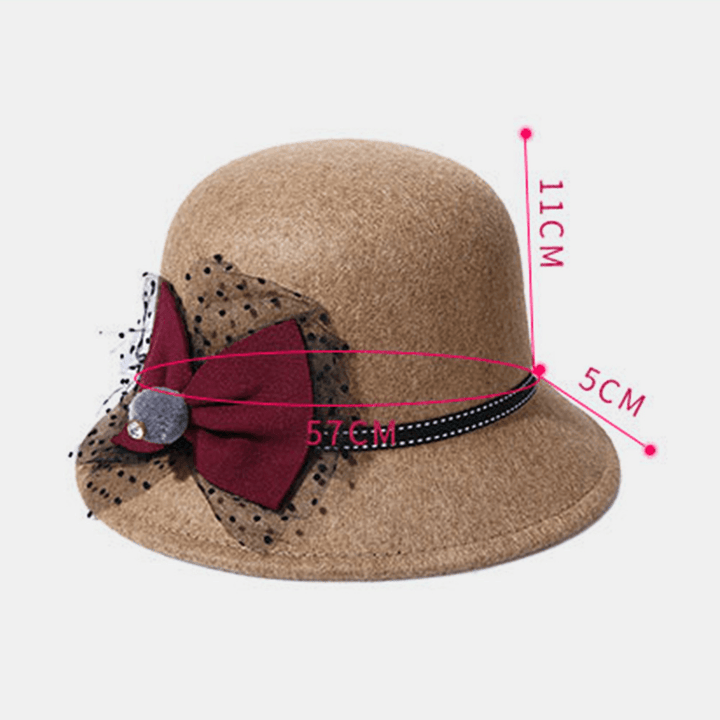 Women Winter Outdoor Cool Protection Warm Top Hat Felt Bow Decoration Lace Fedora Hat Bucket Hat - MRSLM