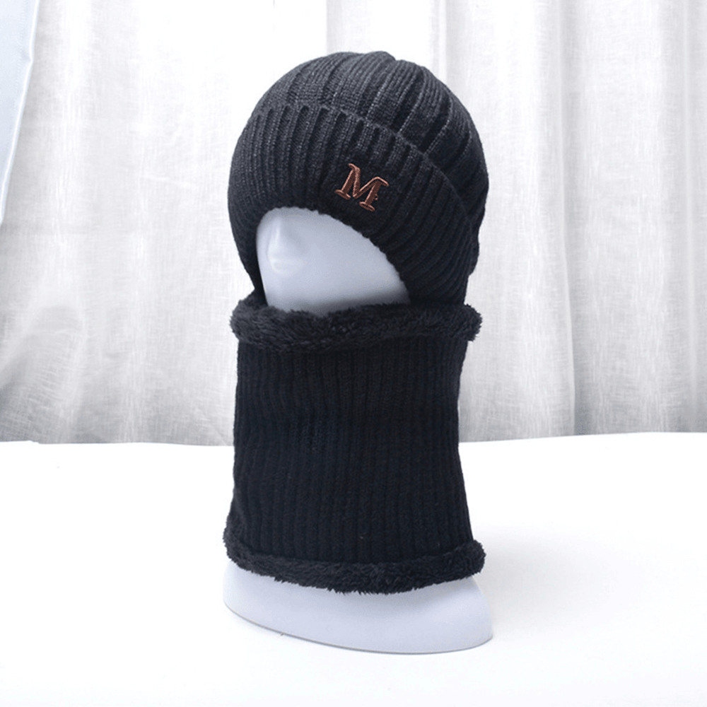 Men 2PCS plus Velvet Thick Elastic Windproof Keep Neck Protection Warm Headgear Scarf Wool Beanie - MRSLM