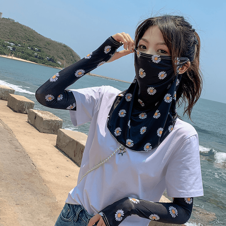 Women Sunscreen Outdoor UV Protection Ice Silk Sleeve Arm Guard Sleeve Cover Face Breathable Veil Mask - MRSLM