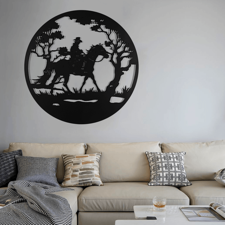 Man Riding Horse in Forest round Black Metal Wall Hanging Art Decoration Room - MRSLM