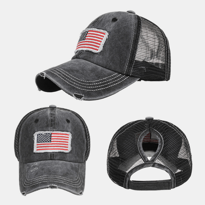 Unisex Washed American Flag Patch Ponytail Baseball Cap Mesh Breathable Casquette Summer Snapback Hat - MRSLM