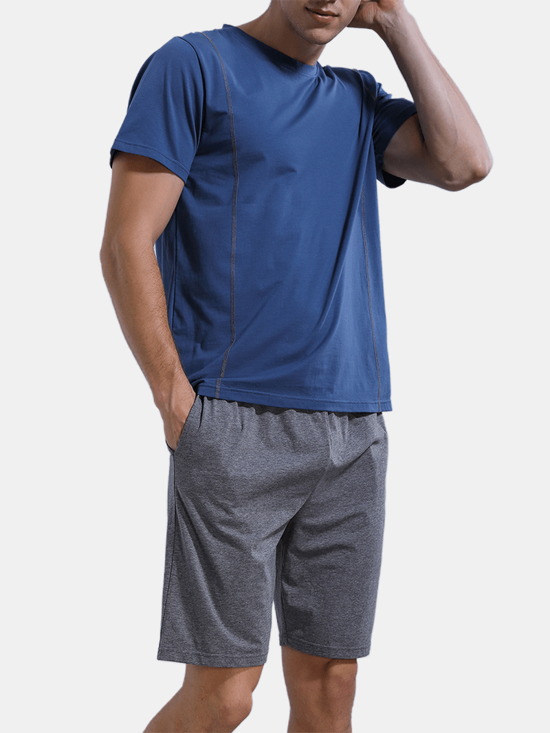 Men Solid Color Short Sleeve Crew Neck Blouse Pocket Shorts Home Sleepwear Two Pieces - MRSLM