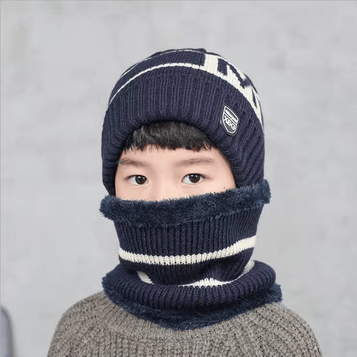 Children'S Hats for Autumn and Winter New Boys' Hats and Bibs Set Korean Letters Knitted Hedging Warm Woolen Caps - MRSLM