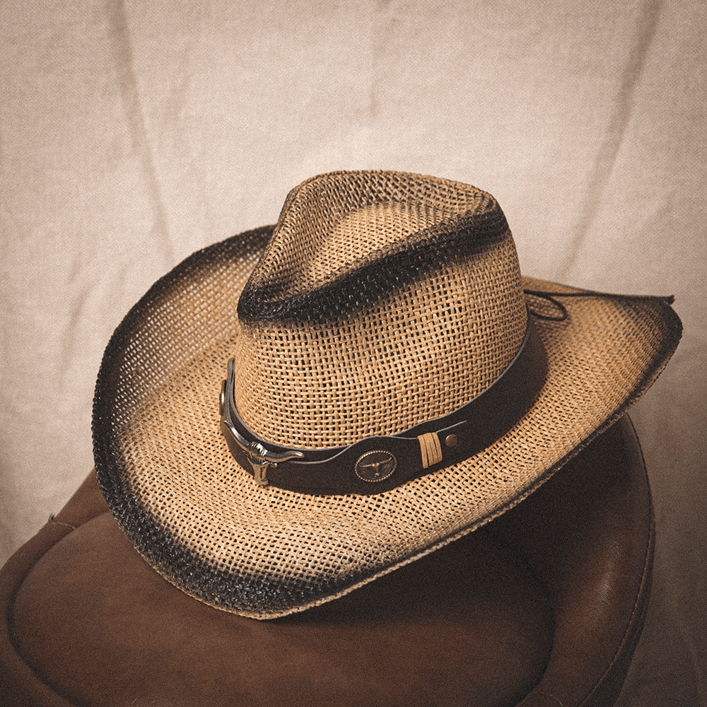 Men Sunscreen Travel Outdoor Summer Beach Hat Western Cowboy Style Spray Straw Hat - MRSLM