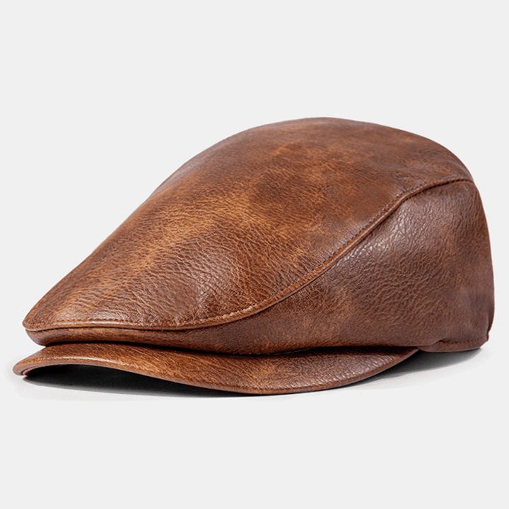 Men PU Leather Solid Color Absorb Sweat Breathable Beret Flat Cap Casual Warmth Newsboy Hat Forward Hat - MRSLM