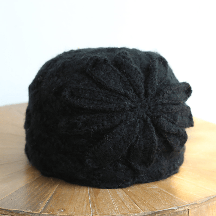 Ethnic Style Handmade Knitted Wool Hat Women Retro Elegant Flower Beret Beanie - MRSLM