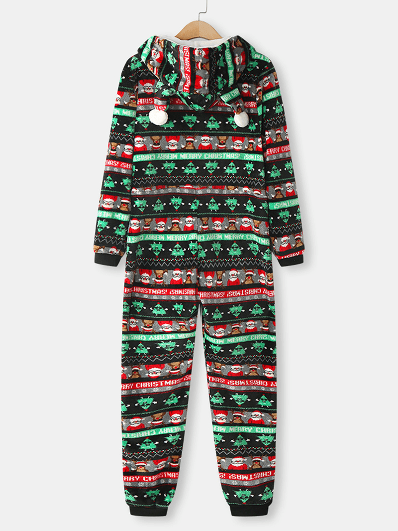 Women Christmas Flannel Printed Zip Ear Detail Long Sleeve Onesies Hooded Pajamas - MRSLM