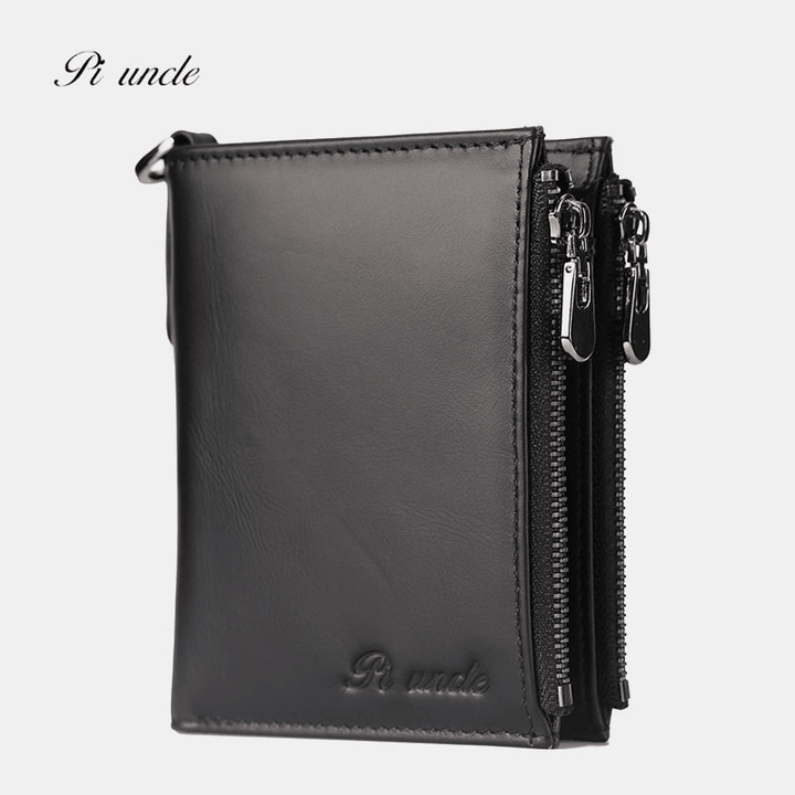 Men Genuine Leather RFID Blocking 6 Card Slots Zipper Coin Wallet - MRSLM