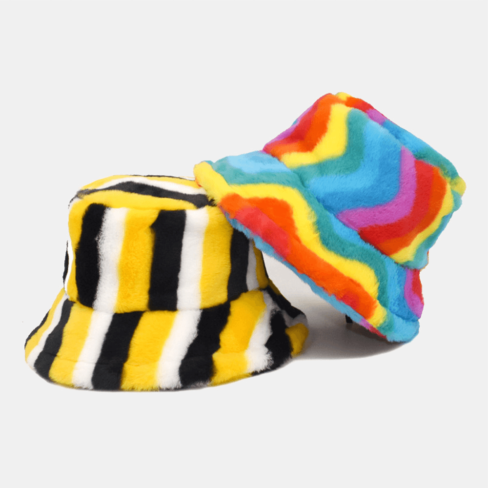 Unisex Faux Rabbit Fur Rainbow Color Striped Thicken Outdoor Warmth Bucket Hat - MRSLM