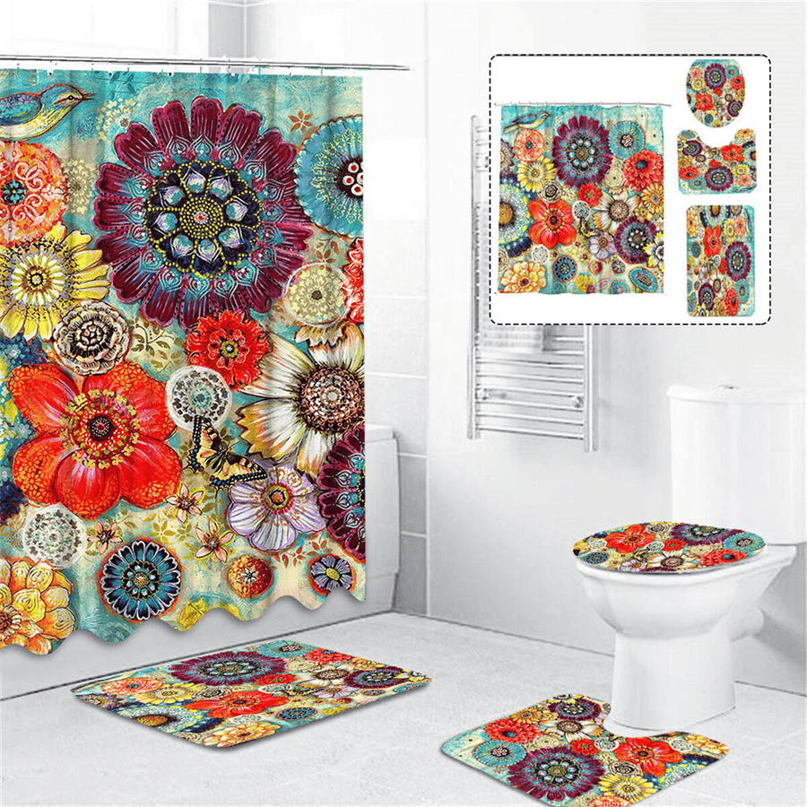 180Cmx180Cm Colorful Flowers Shower Curtain Set Durable Waterproof Shower Mat Set - MRSLM